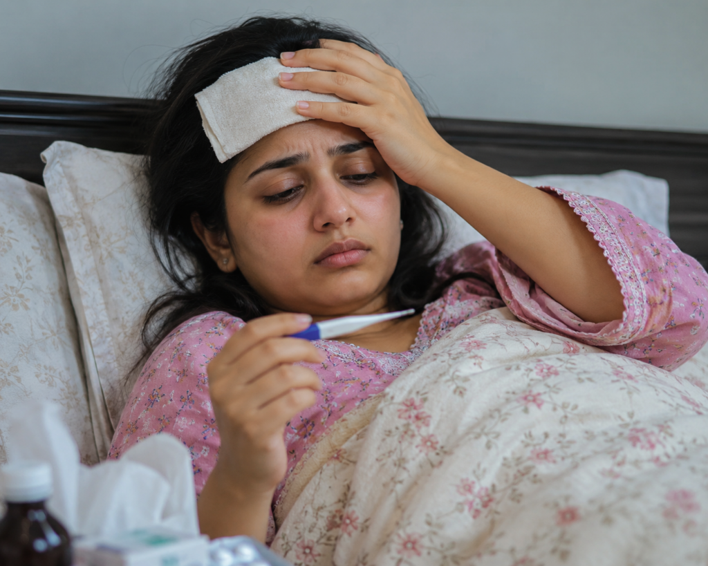 Woman experiencing fever symptoms including chills and headache