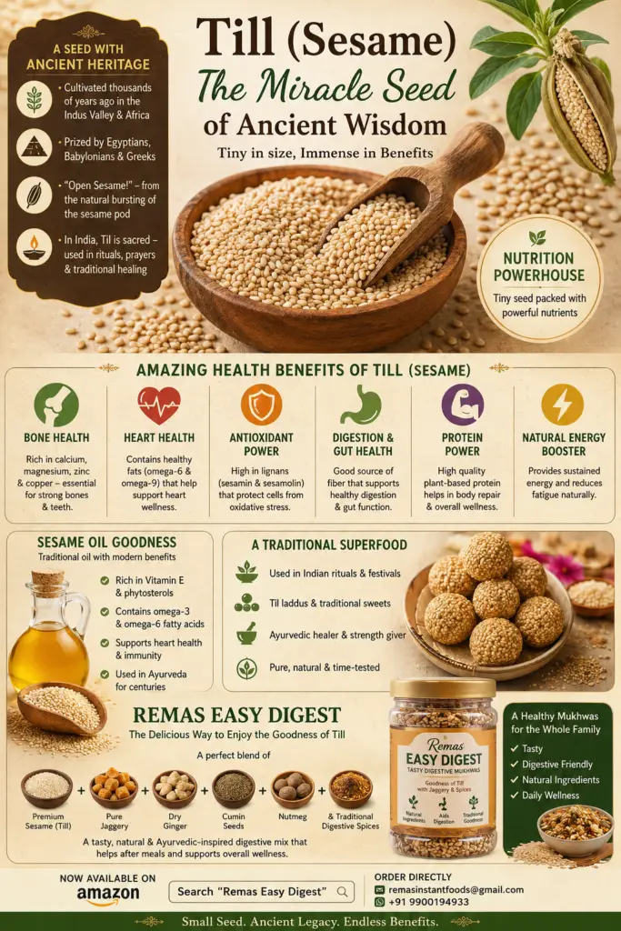 Sesame seeds benefits infographic showing traditional and health benefits of Till